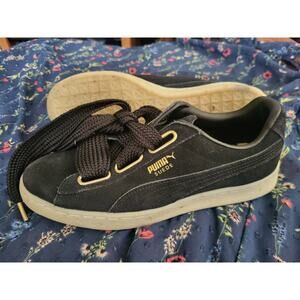 Puma Suede Heart Celebrate Womens Black Gold Sparkle Sneakers GUC Fun Laces